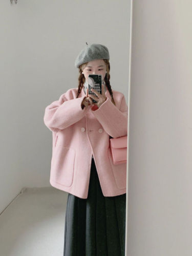 Pink Woolen Coat Women's Autumn and Winter  New Woolen Coat High-Quality Small Thickened Short Style