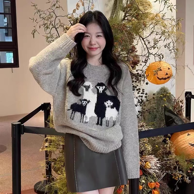 韓版秋冬復古浣熊絨加厚毛衣女秋冬軟萌小羔羊提花羊毛圓領針織衫