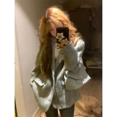 Rich family daughter Korean style suit woolen coat women's autumn and winter thickened high-end small Hepburn style coat