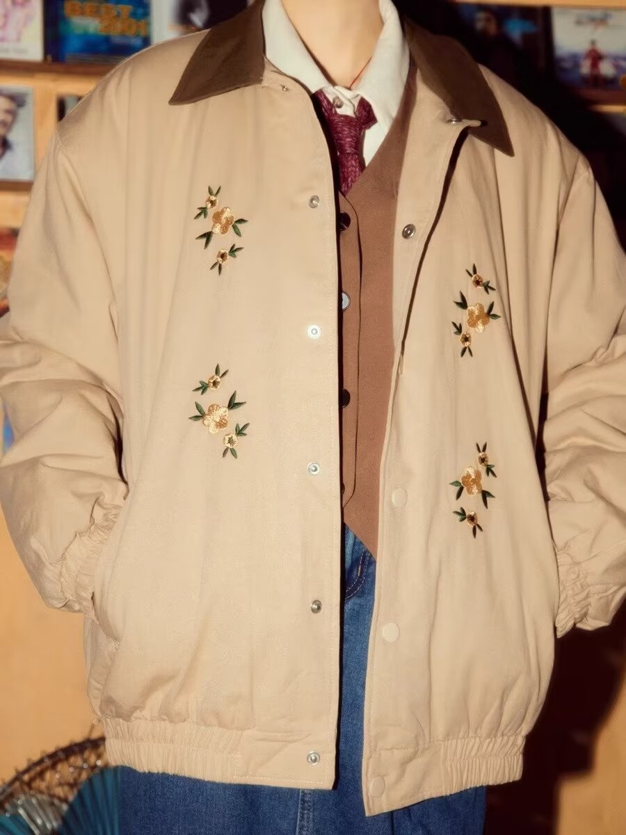 Japanese retro small flower embroidered quilted jacket winter couple trendy brand thickened loose baseball uniform ins