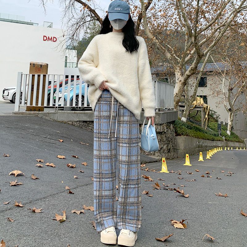 加絨加厚紅色格子褲女秋冬高腰垂感棉褲復古毛呢直筒休閒褲闊腿褲