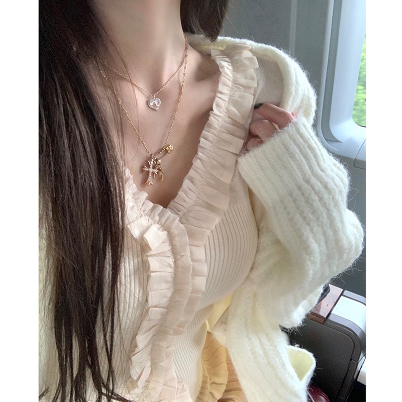 低領毛衣打底衫女內搭洋氣木耳邊秋季新款秋冬法式氛圍感v領上衣