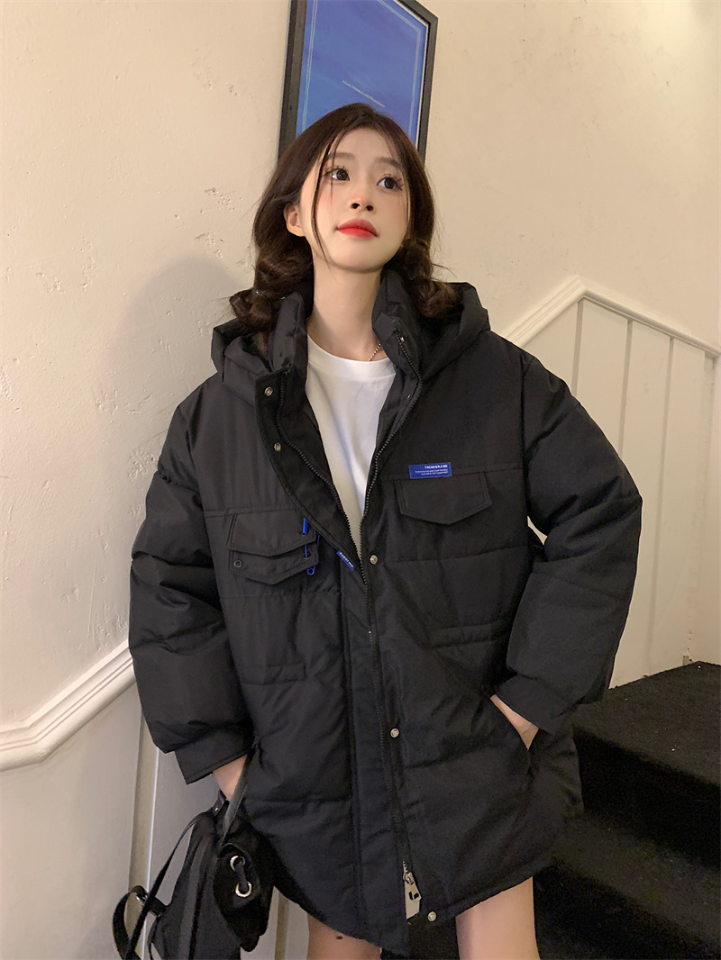 Actual shot of 2023 winter new style design pin design hooded thickened loose warm cotton jacket