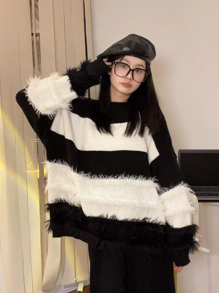 高質量條紋毛衣女加厚秋冬溫柔寬鬆圓領針織衫中長款保暖上衣
