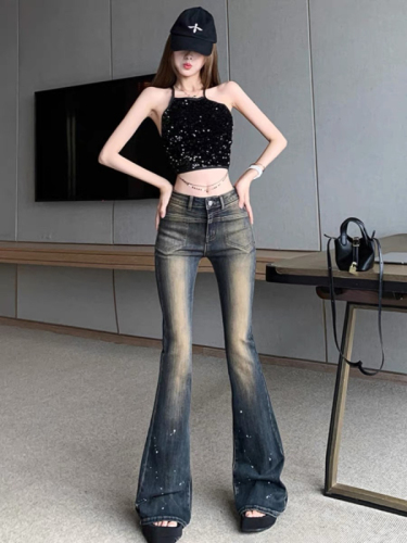 American high street micro-flare jeans for women, old retro autumn new tight high-waist fashion floor-length jeans