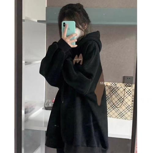 Women's  New Fleece-Lined Thick Black Hooded Sweatshirt Set