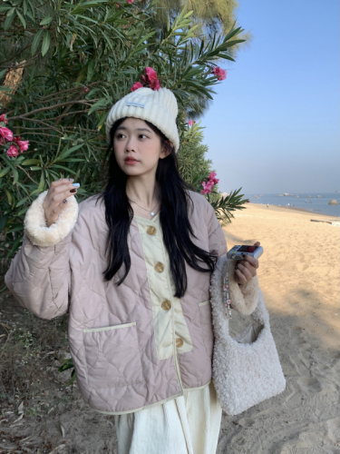 Actual shot~Korean retro autumn and winter cute pink velvet thickened college cotton jacket~