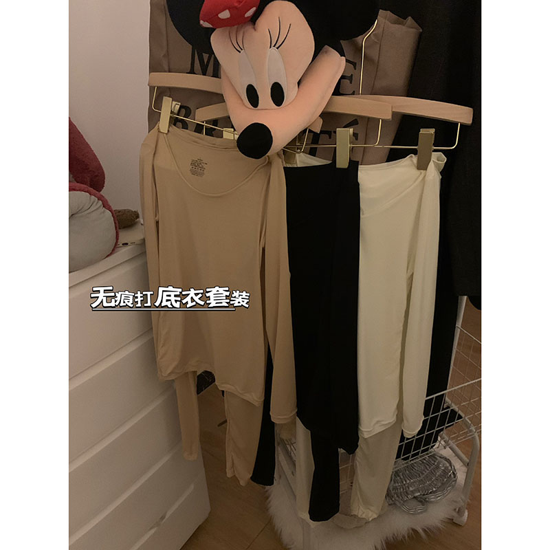 實拍恆溫超薄美膚肌底保暖打底衣隱形內搭彈力大無痕秋褲套裝