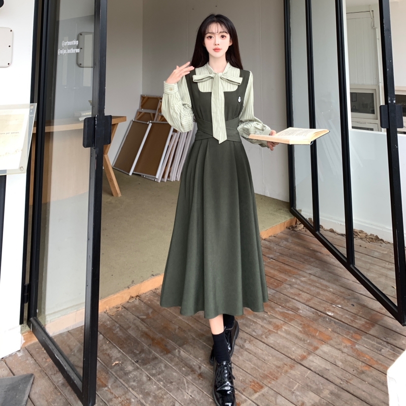 2024春秋大碼女裝假兩件背帶裙法式復古氣質蝴蝶結減齡顯瘦連衣裙