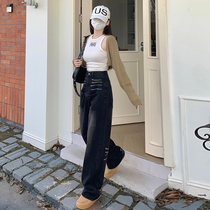 實拍2024早春新款歐美高街直筒闊腿牛仔褲女