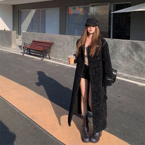 Leather splicing fur coat for women winter  new high-end long thickened ladylike temperament long-sleeved coat