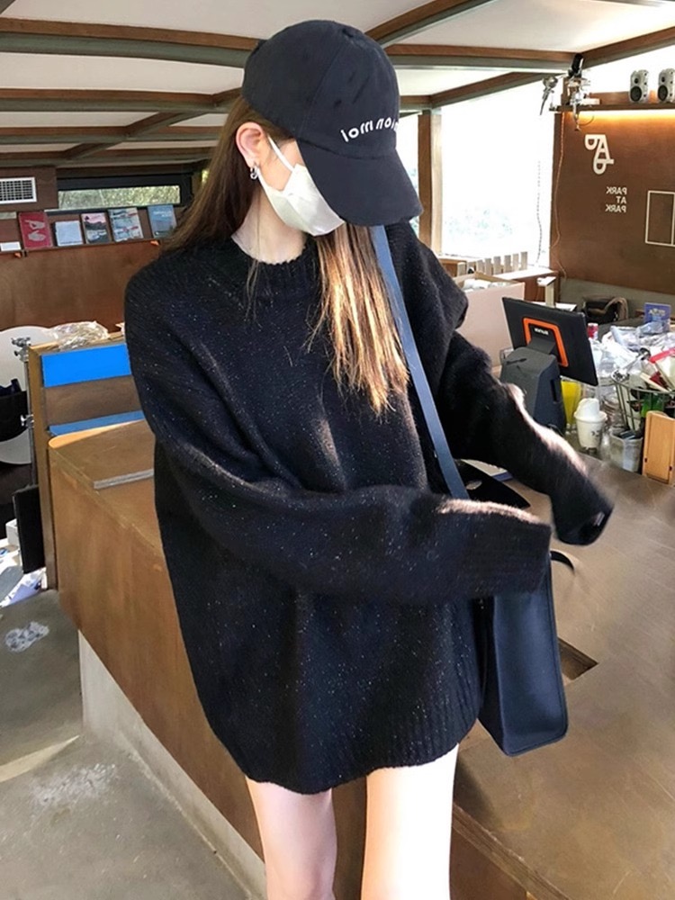 黑色軟糯寬鬆針織毛衣女秋冬季高級感慵懶風氣質百搭長袖套頭上衣