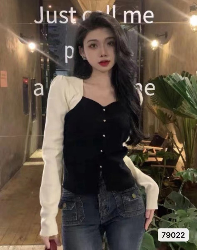 泡泡袖針織衫女裝秋季2023新款法式小眾撞色修身顯瘦別致長袖小衫