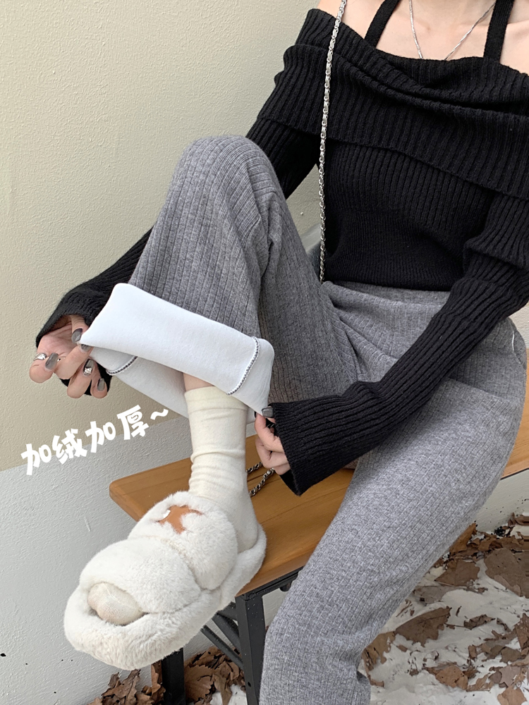實拍 高腰微喇休閒褲加絨加厚拖地長褲