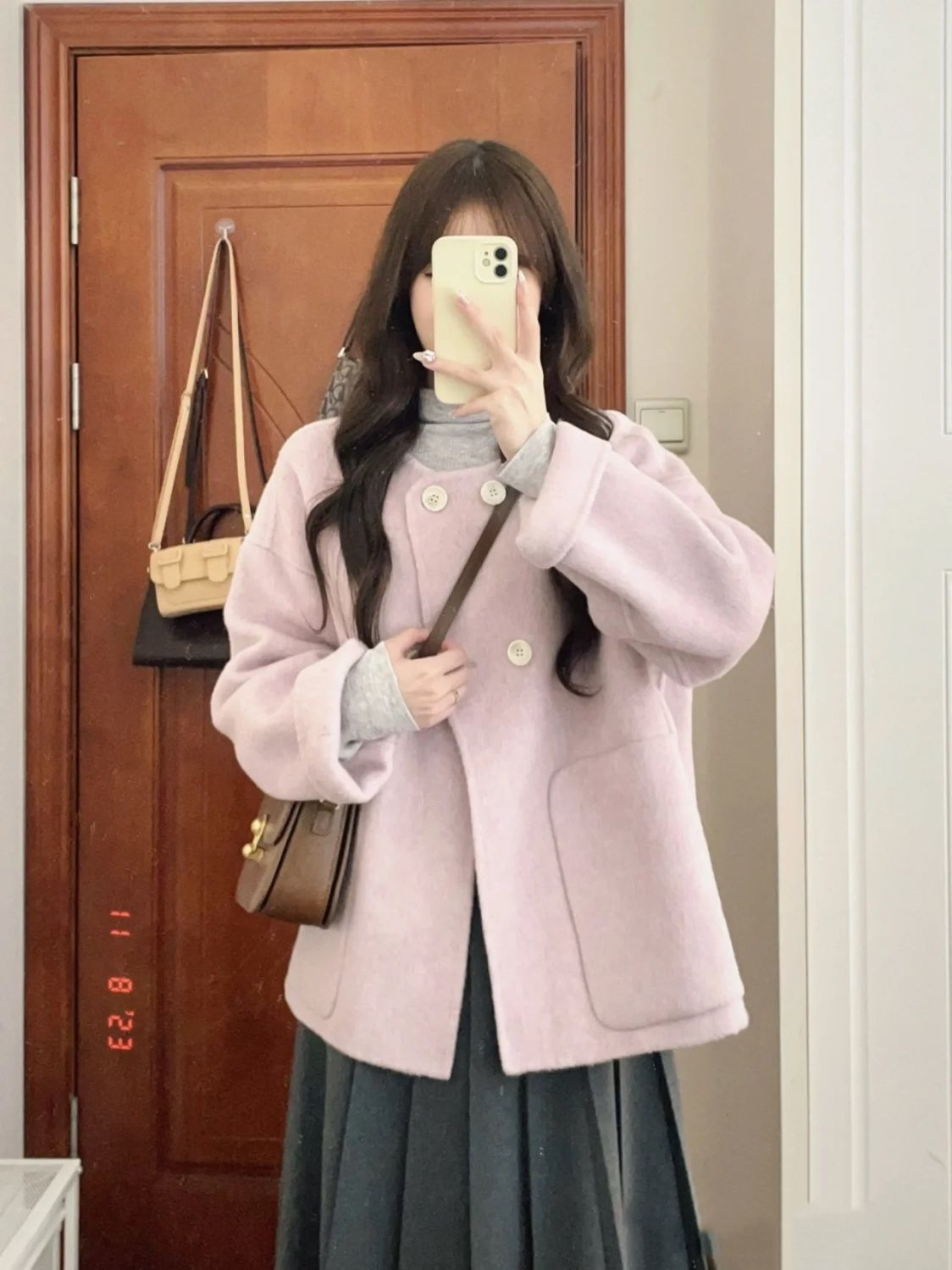 High-end large pocket mid-length pink woolen coat for women autumn and winter new Korean style loose and versatile woolen coat