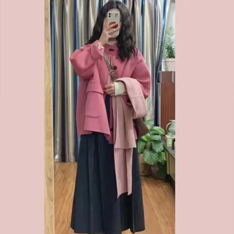 High-end raspberry pink woolen coat women's short autumn and winter new Korean style small literary retro woolen coat