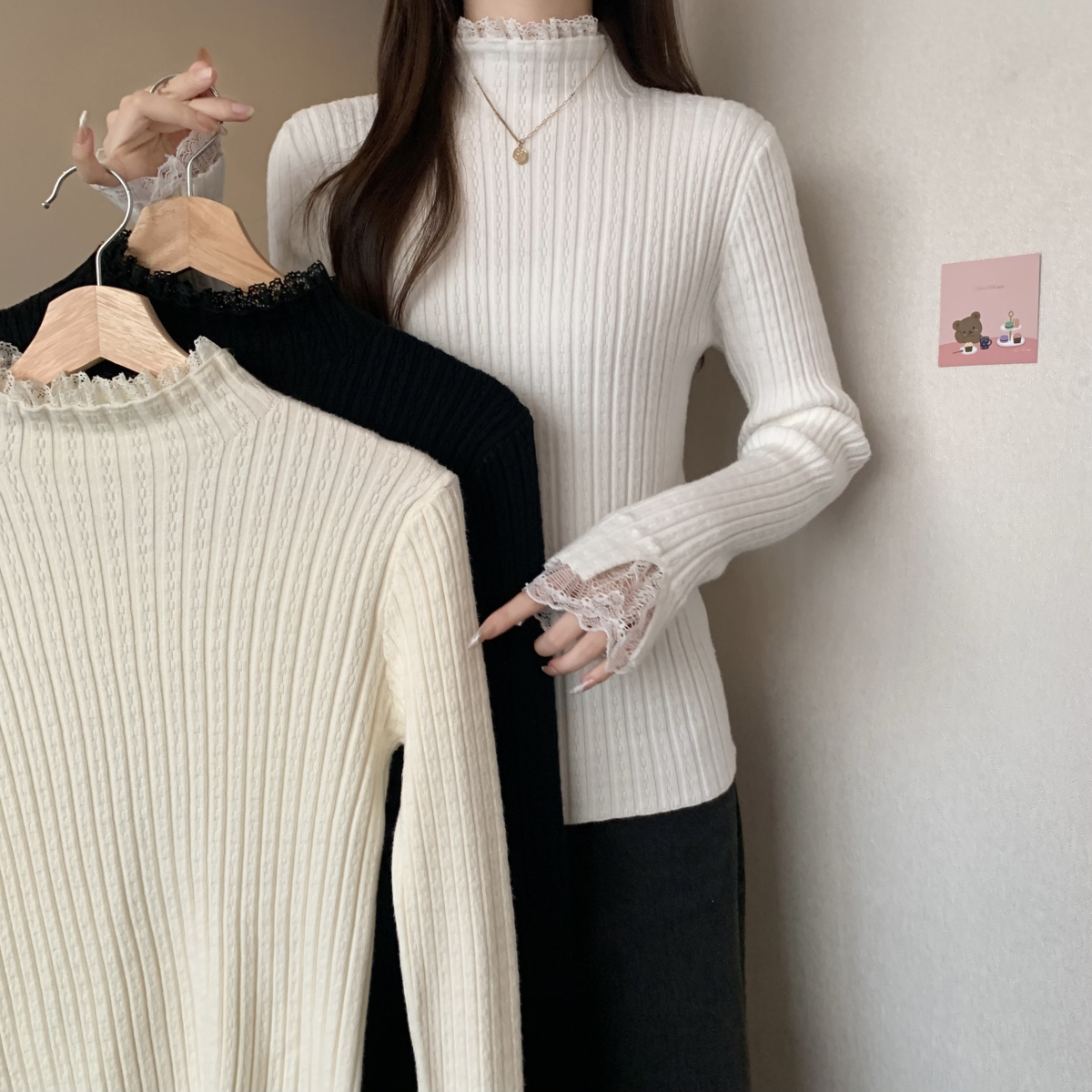 實拍大碼女裝秋冬新款半高領針織毛衣花邊套頭修身百搭打底衫