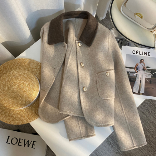 Cashmere light beige short double-sided woolen women's coat  new Korean style small coat trendy
