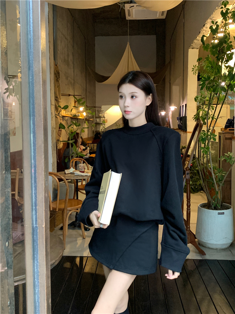 Actual shot ~ Large size design high collar loose long sleeve sweatshirt for women high waist A line skirt suit autumn and winter trend