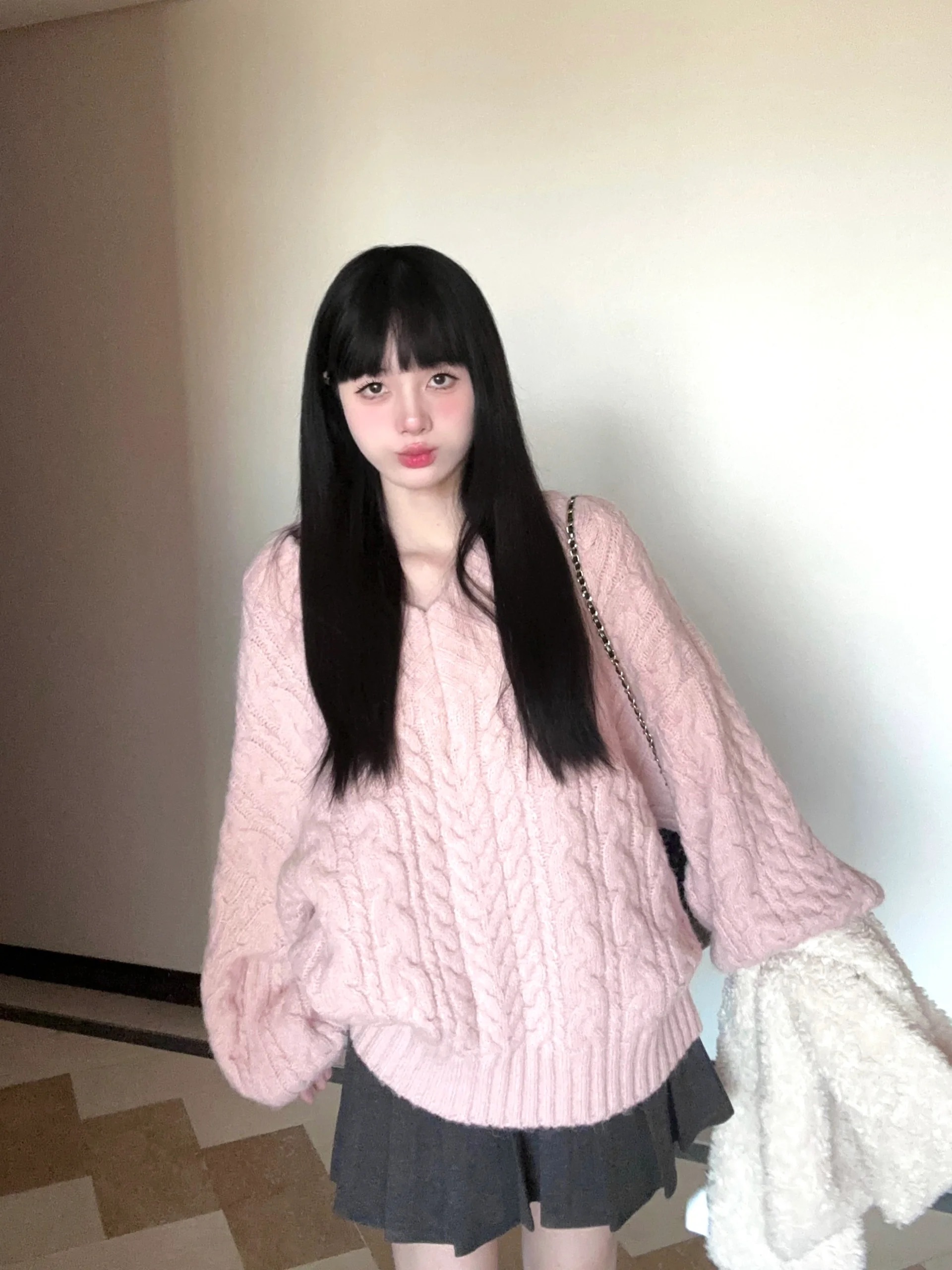 日系奶fufu慵懶風麻花V領針織衫毛衣女學生秋冬季寬鬆軟糯感上衣