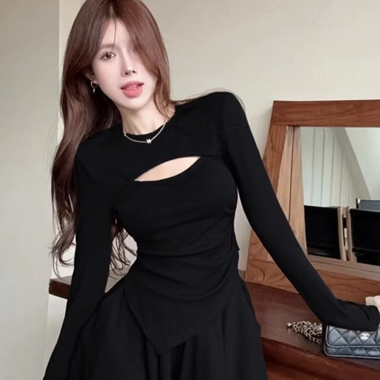 法式辣妹風設計感小眾百搭時尚潮女小眾圓領鏤空上衣高腰修身短裙