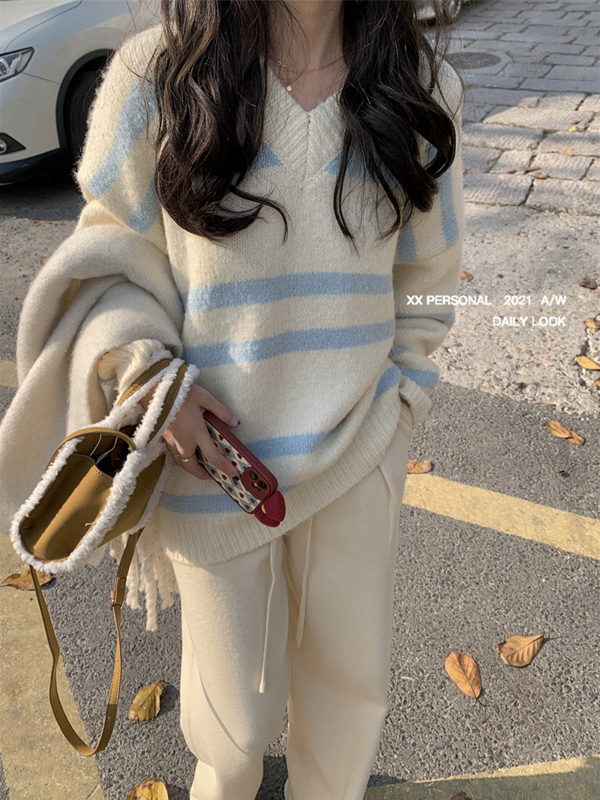早春奶系溫柔風軟糯V領套頭毛衣女寬鬆慵懶條紋針織+直筒褲套裝