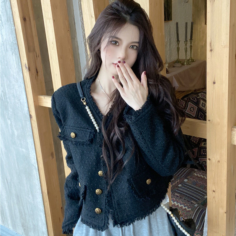 Western black small fragrant style coat autumn and winter long-sleeved fringed lady style loose versatile cardigan short coat for women
