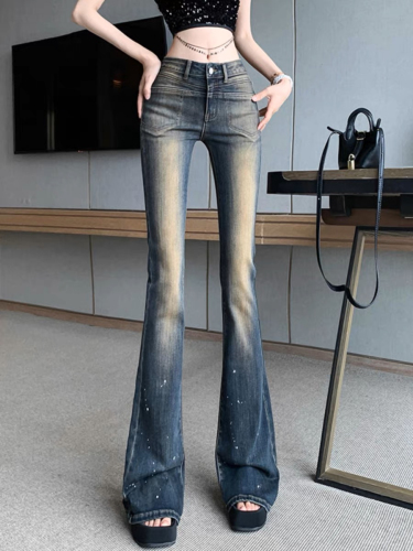 American high street micro-flare jeans for women, old retro autumn new tight high-waist fashion floor-length jeans