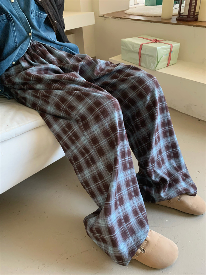 實拍 格子休閒褲女秋冬2023新款高腰垂感拖地闊腿長褲