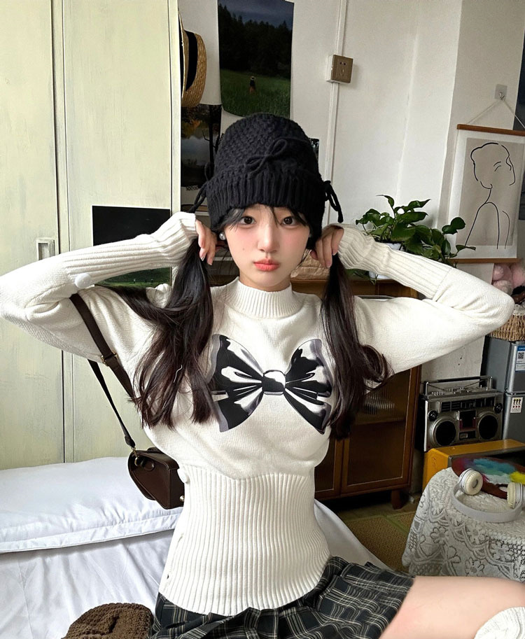 美式蝴蝶結收腰半高領毛衣女秋冬內搭打底衫長袖針織衫上衣設計感
