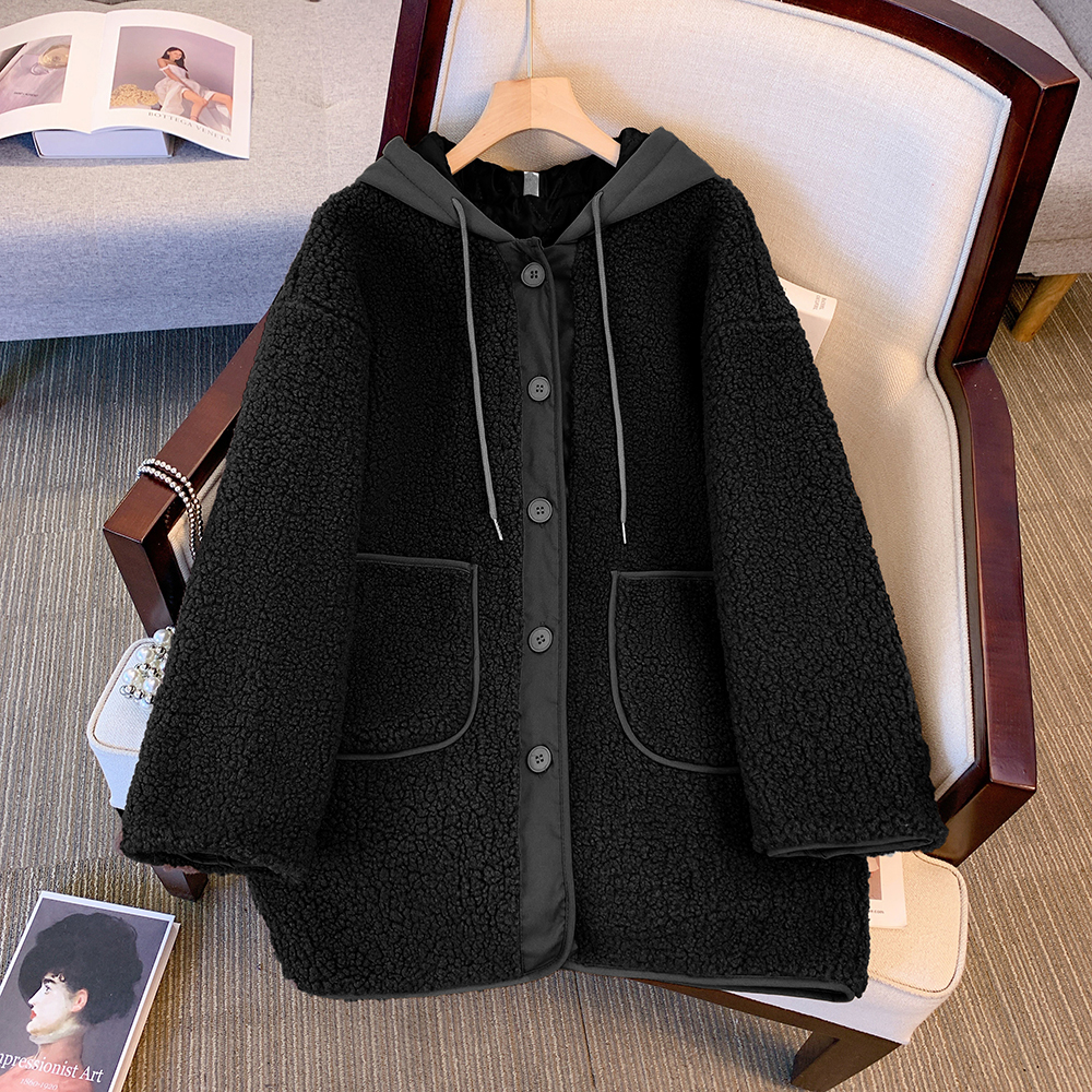 Real shot of plus size women's clothing 2023 winter new style lamb velvet warm cotton coat loose hooded casual cotton coat jacket