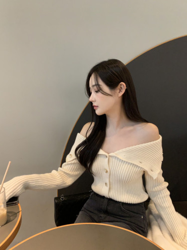 韩国chic新款设计感露肩单排扣长袖针织衫