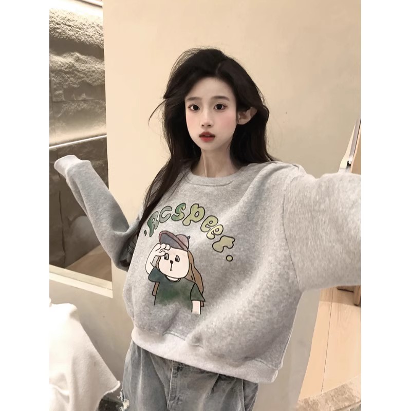 卡通印花美式無帽衛衣女款秋冬加絨加厚寬鬆短款圓領上衣