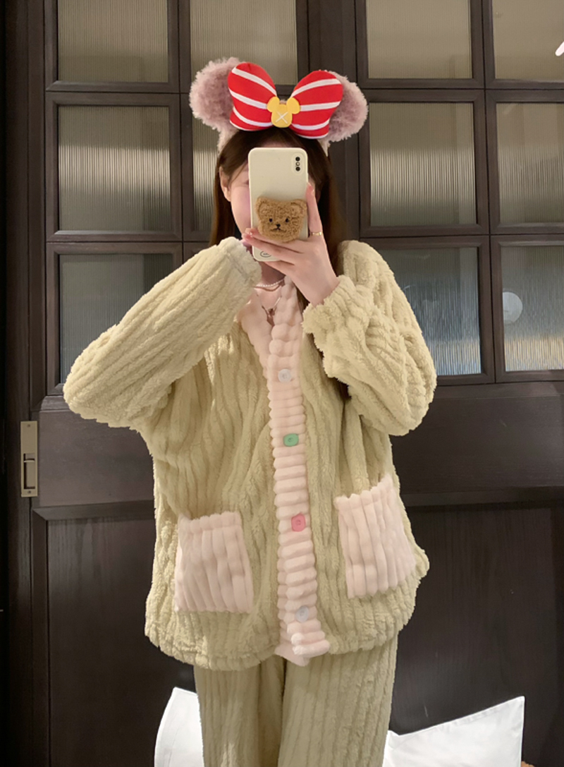 實拍 冬季新款加絨加厚家居服兩件套珊瑚絨長袖睡衣