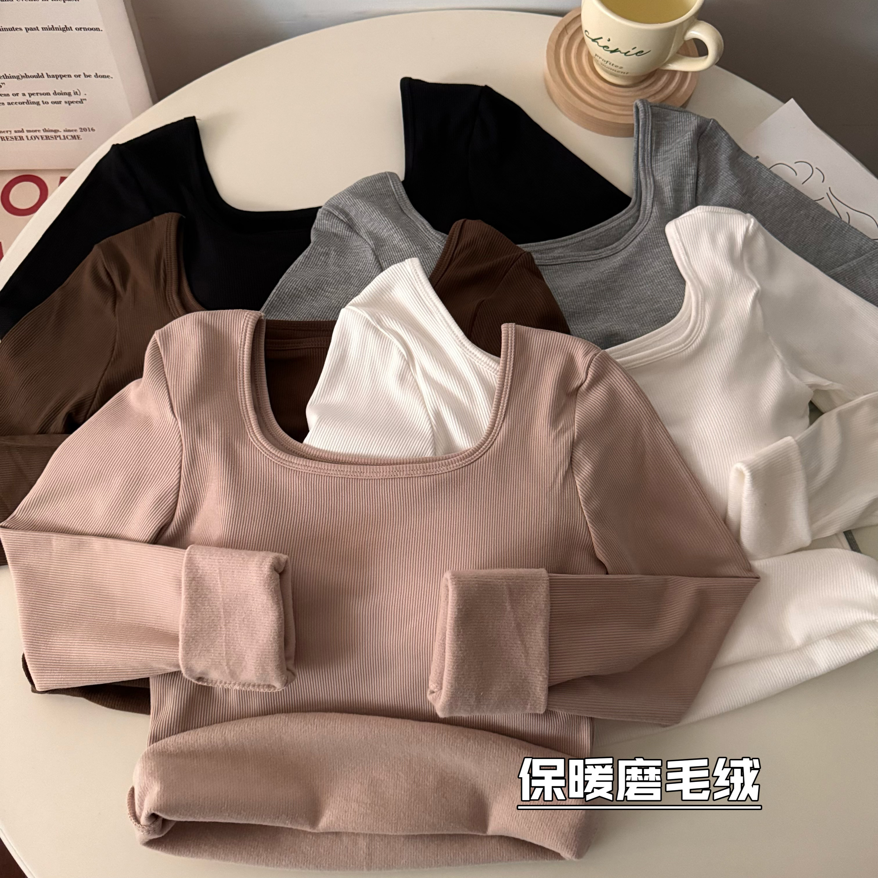 Real shot of winter warm brushed plus velvet thickened square collar inner clavicle base layer slim long-sleeved top for women
