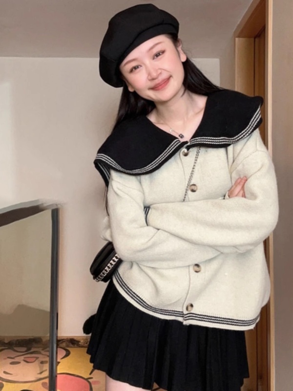 學院風撞色海軍領黑色毛衣外套女秋冬外穿寬鬆慵懶風加厚針織上衣