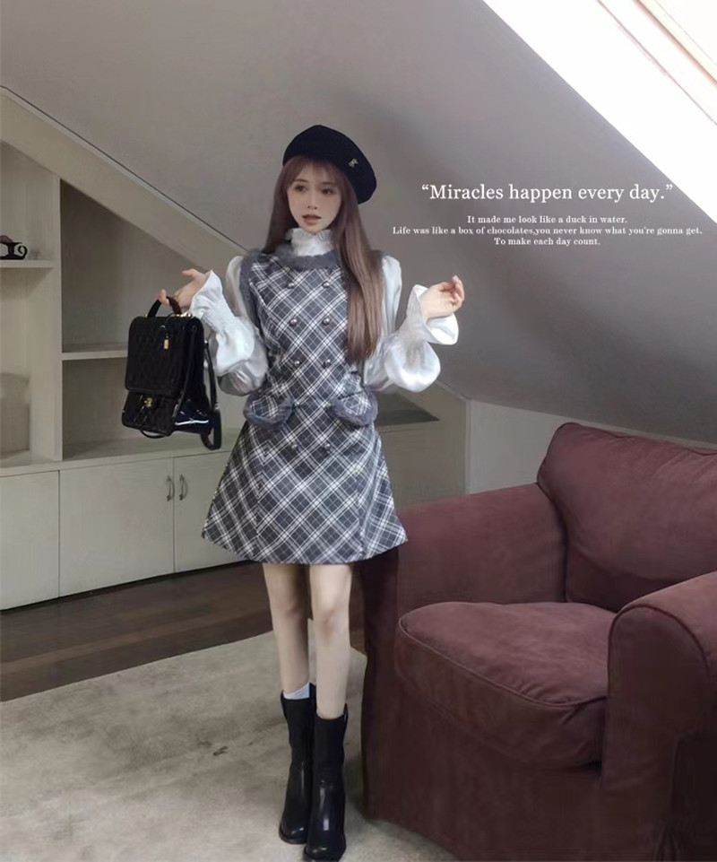 實拍大小姐韓系格紋拼接毛絨圓領高腰收腰連衣裙女套裝