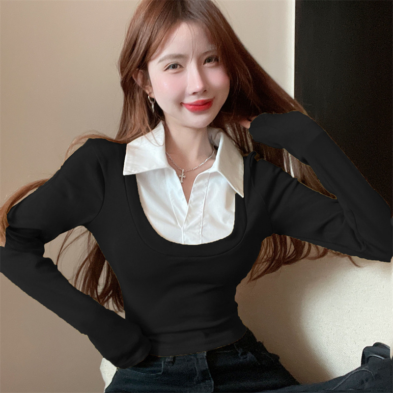 法式假兩件polo領撞色拼接短款辣妹T恤顯瘦長袖打底衫上衣女秋季