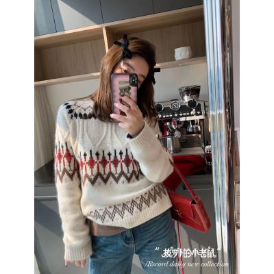 阿拉善駱駝絨鈎花毛衣女2023冬裝新款韓版撞色減齡保暖顯瘦上衣潮