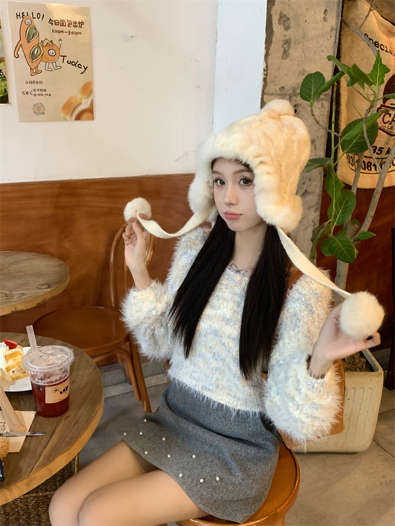 實拍 冬季新款慵懶風V領加厚保暖仿水貂絨短款毛衣女寬鬆外穿