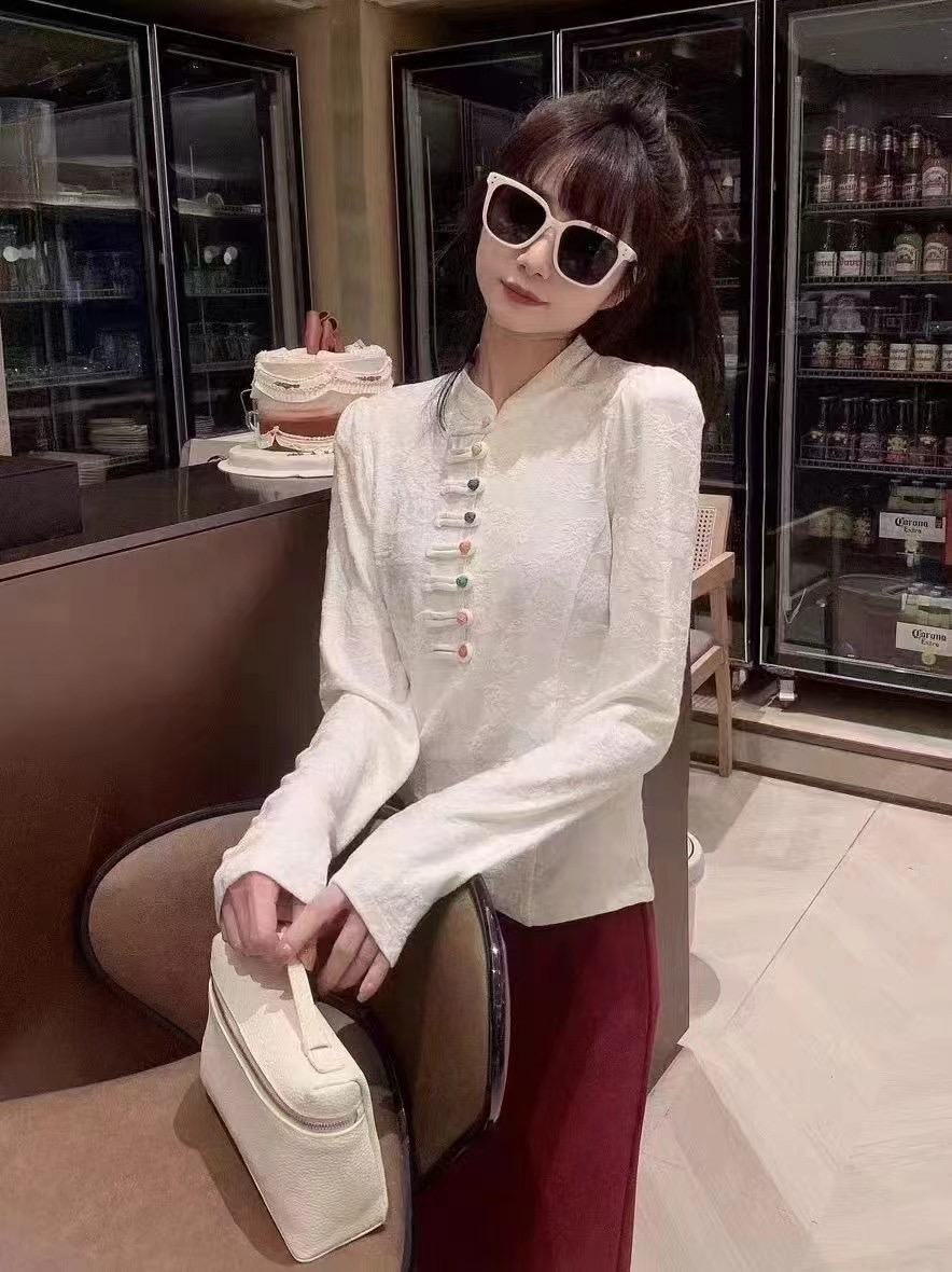 歐貨新中式打底衫女秋冬裝2023新款加厚國風盤扣提花襯衫內搭上衣