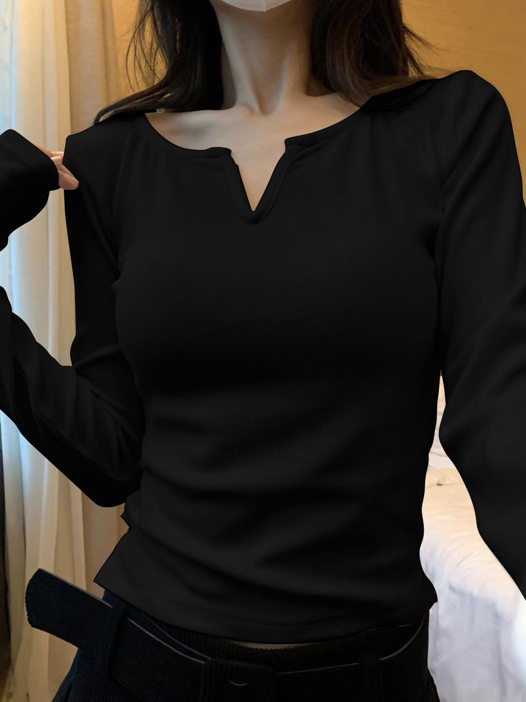德絨磨毛V領低領內搭打底衫女秋冬修身短款