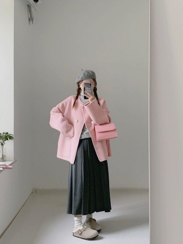 Pink Woolen Coat Women's Autumn and Winter 2023 New Woolen Coat High-Quality Small Thickened Short Style