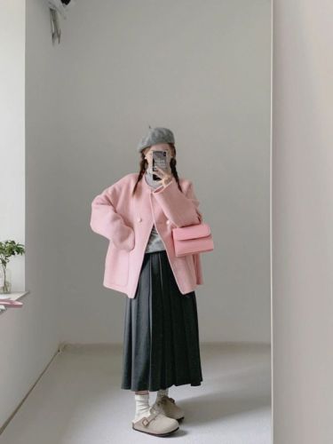 Pink Woolen Coat Women's Autumn and Winter  New Woolen Coat High-Quality Small Thickened Short Style