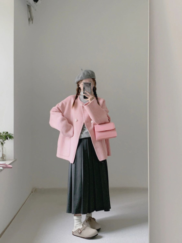 High-end large pocket mid-length pink woolen coat for women autumn and winter new Korean style loose and versatile woolen coat