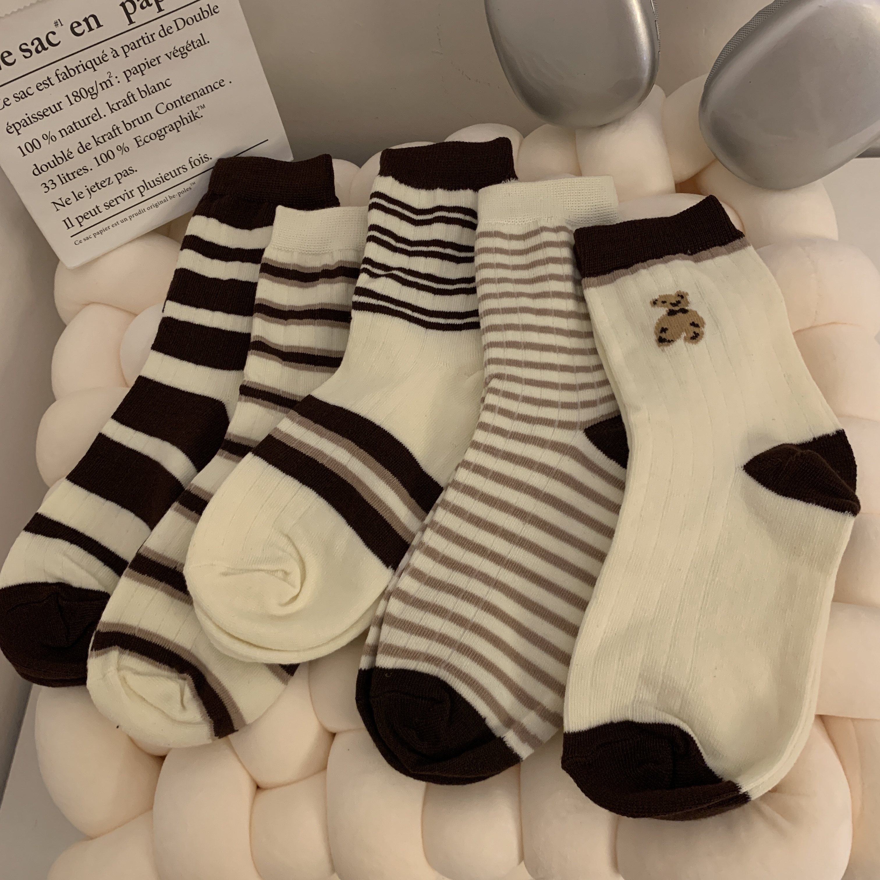 Actual shot of versatile striped bear mid-calf socks, thickened autumn and winter warm college style pile socks, 5 pairs