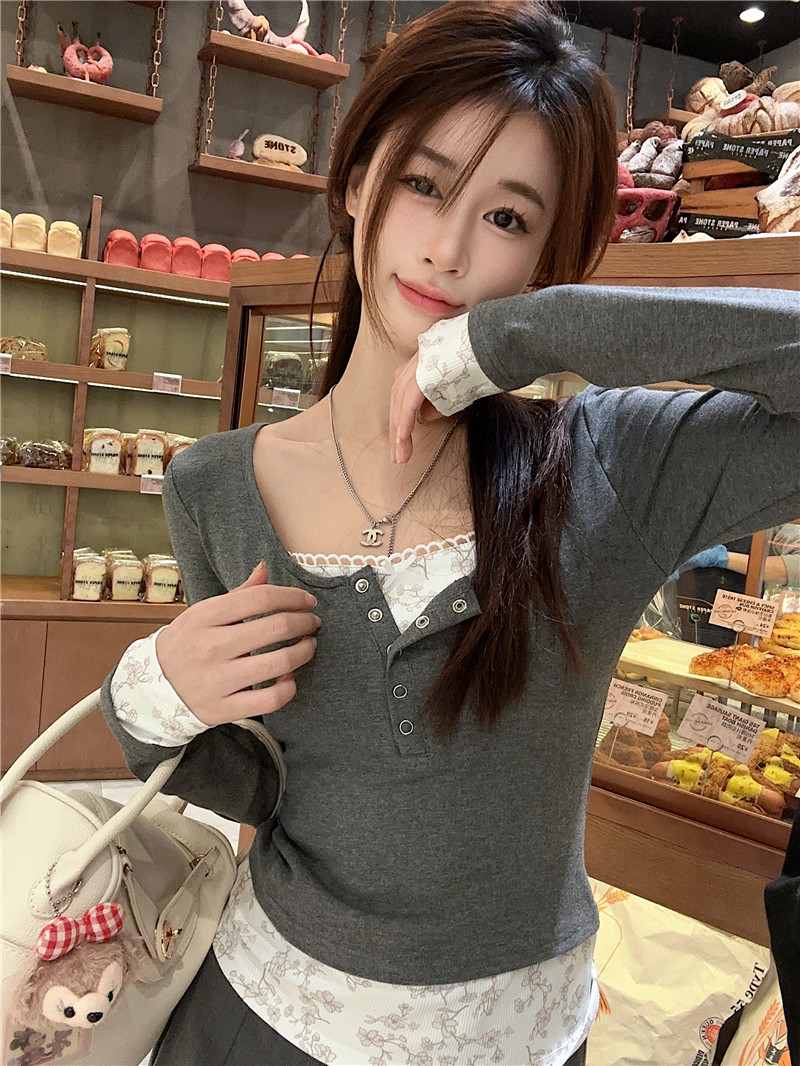 實拍~設計感U型領假兩件修身長袖T恤拼接內搭打底衫顯瘦上衣