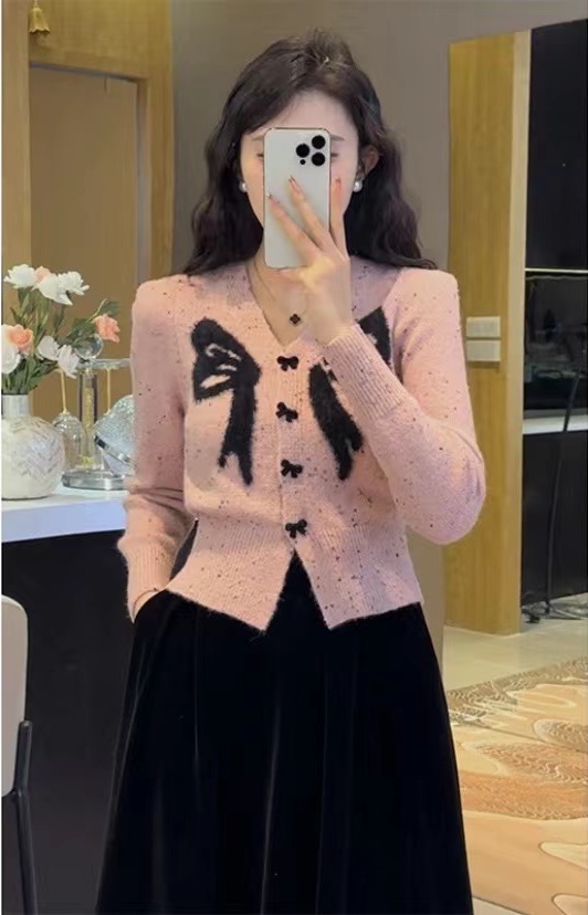 小香風女士新款2023甜美設計感外套蝴蝶結V領上衣修身顯瘦辣妹
