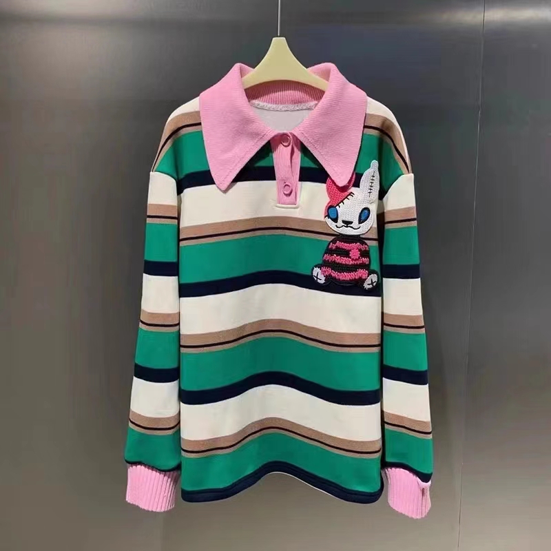 韓系條紋拼色卡通刺繡Polo領毛衣時尚復古寬鬆減齡百搭針織上衣女