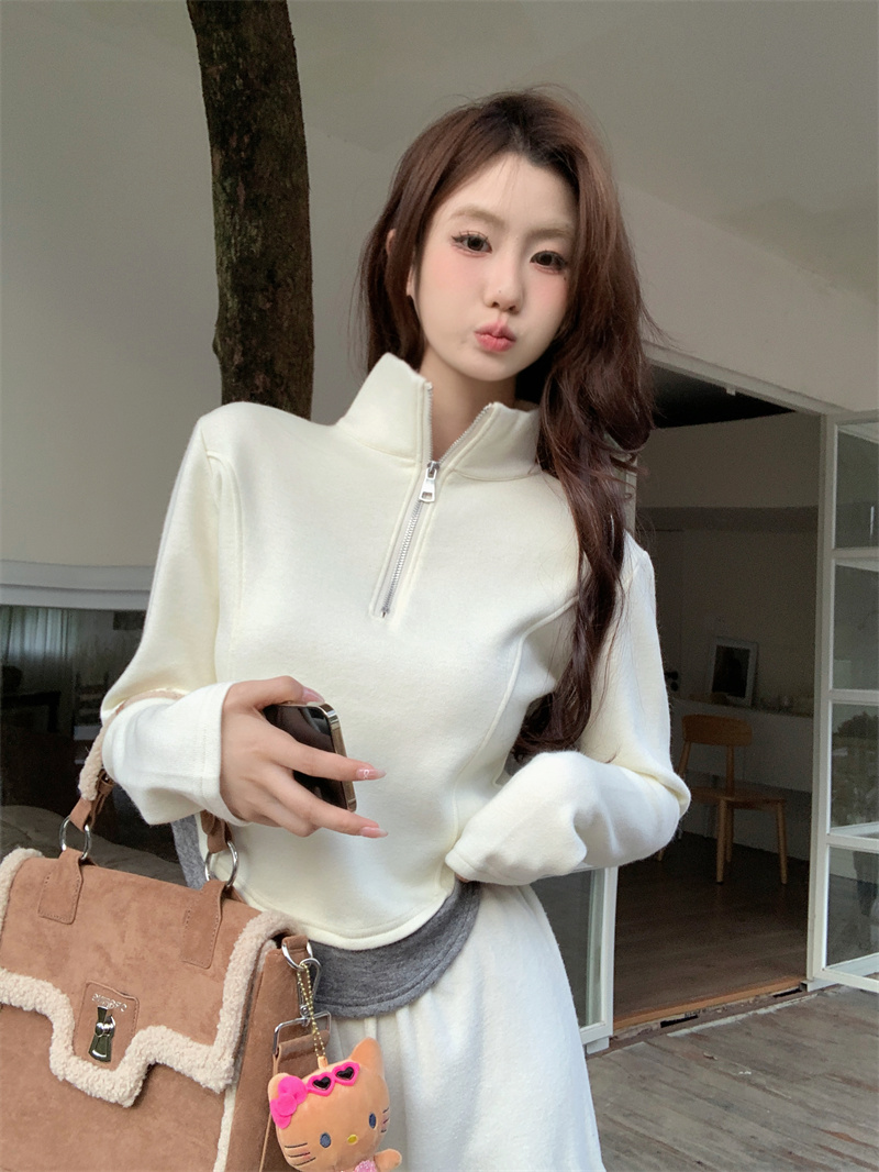 實拍 立領收腰線條拼接羊絨加厚長袖T恤半拉鏈打底衫女上衣
